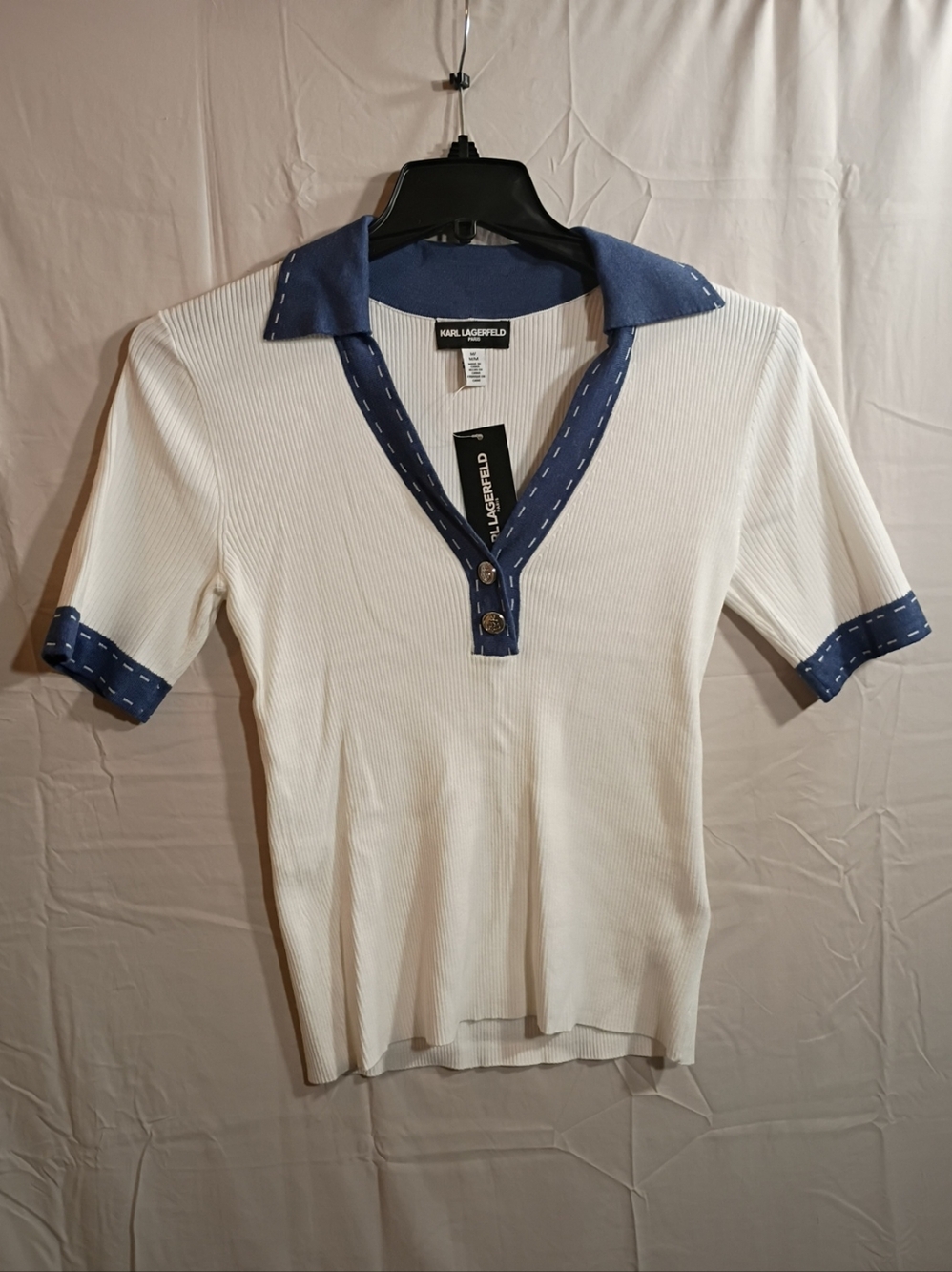 Womens Karl Lagerfeld White Polo Shirt with Navy Trim and Contrast Stitching